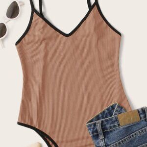 Ribbed Tan/Black Spaghetti Strap Body Suit